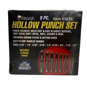 Pittsburgh 9 Pc Hollow Punch Set Leather Gasket Vinyl Tool 03838 New Sealed